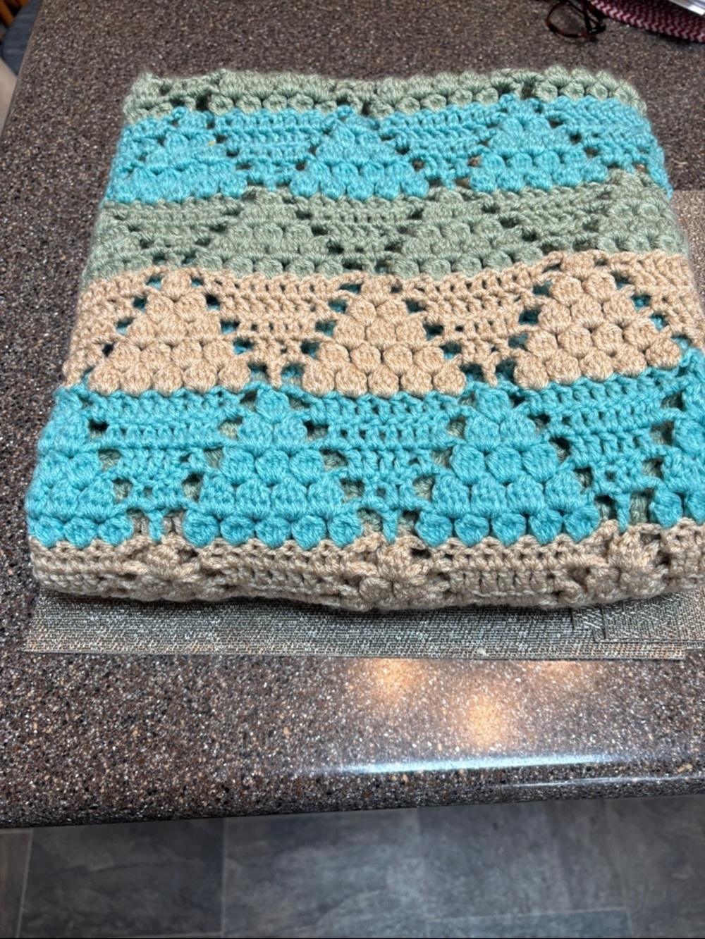 Handmade Crochet Throw Blanket - Teal, Beige, Sage - Unbranded